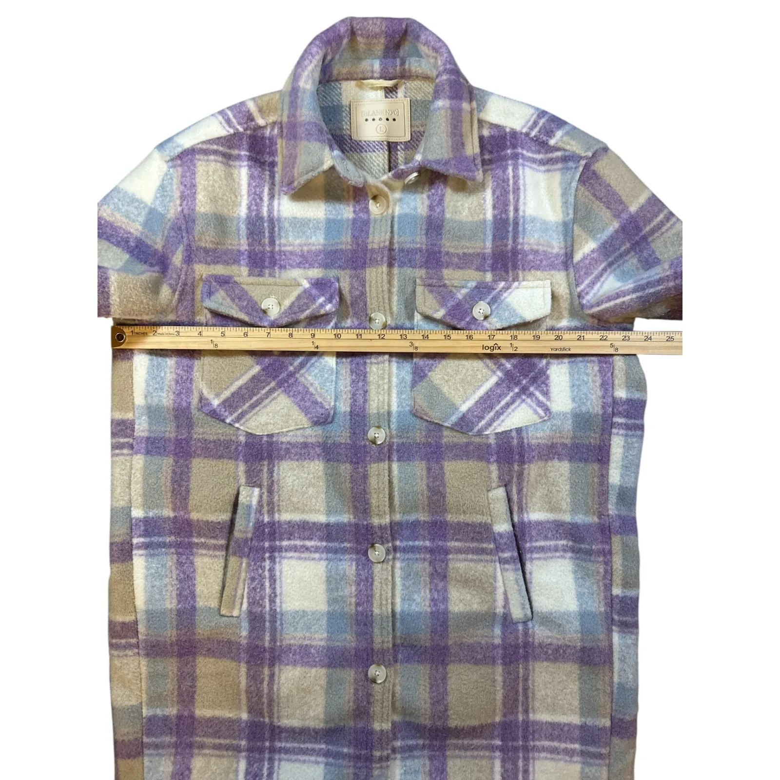 BLANKNYC Plaid Shacket Long Sleeve Shirt Jacket Purple Tan Blue Womens L Size L - Image 3