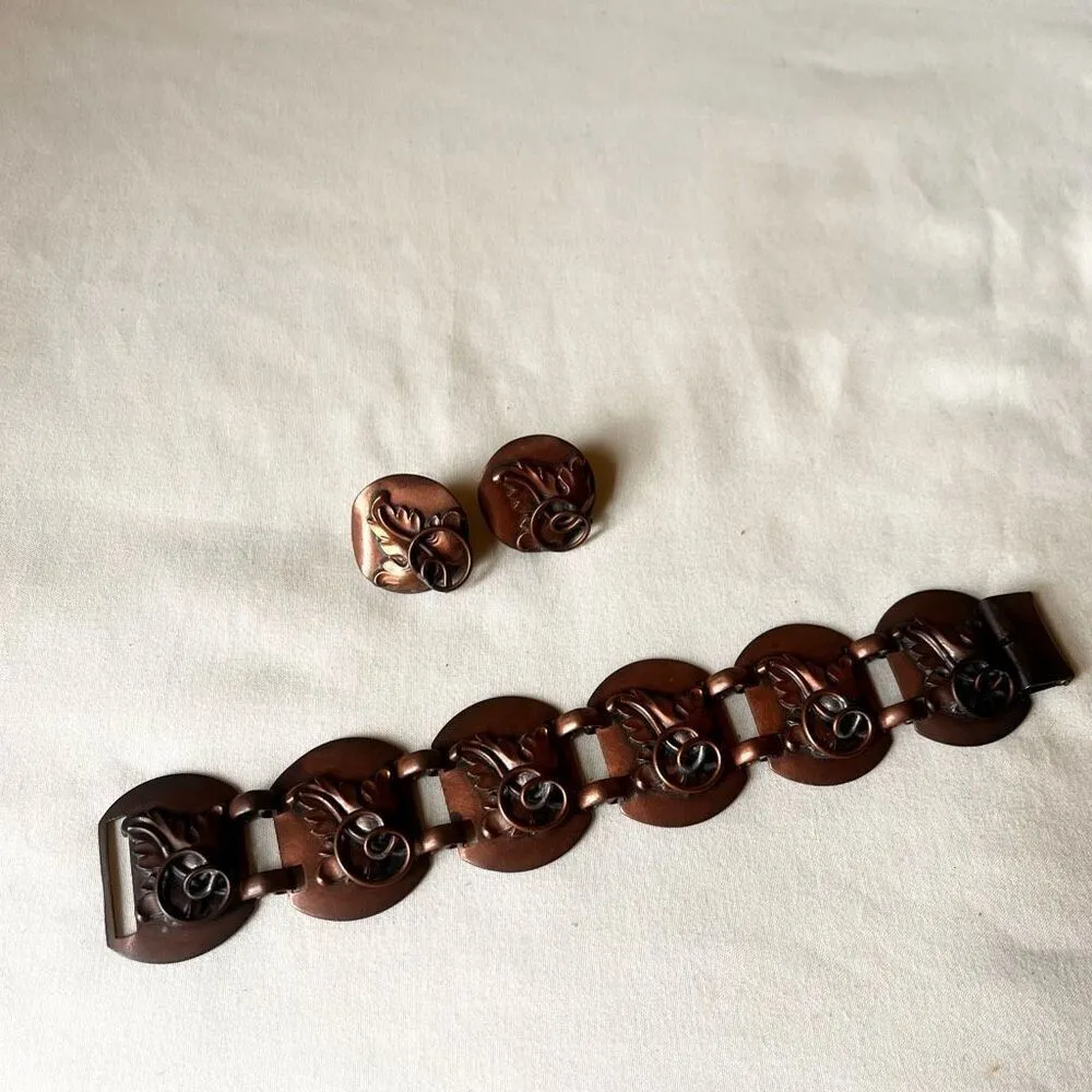 Vintage Copper Leaf Scroll Bracelet & Clip On Earrings‎ Set Retro Brown - Image 2