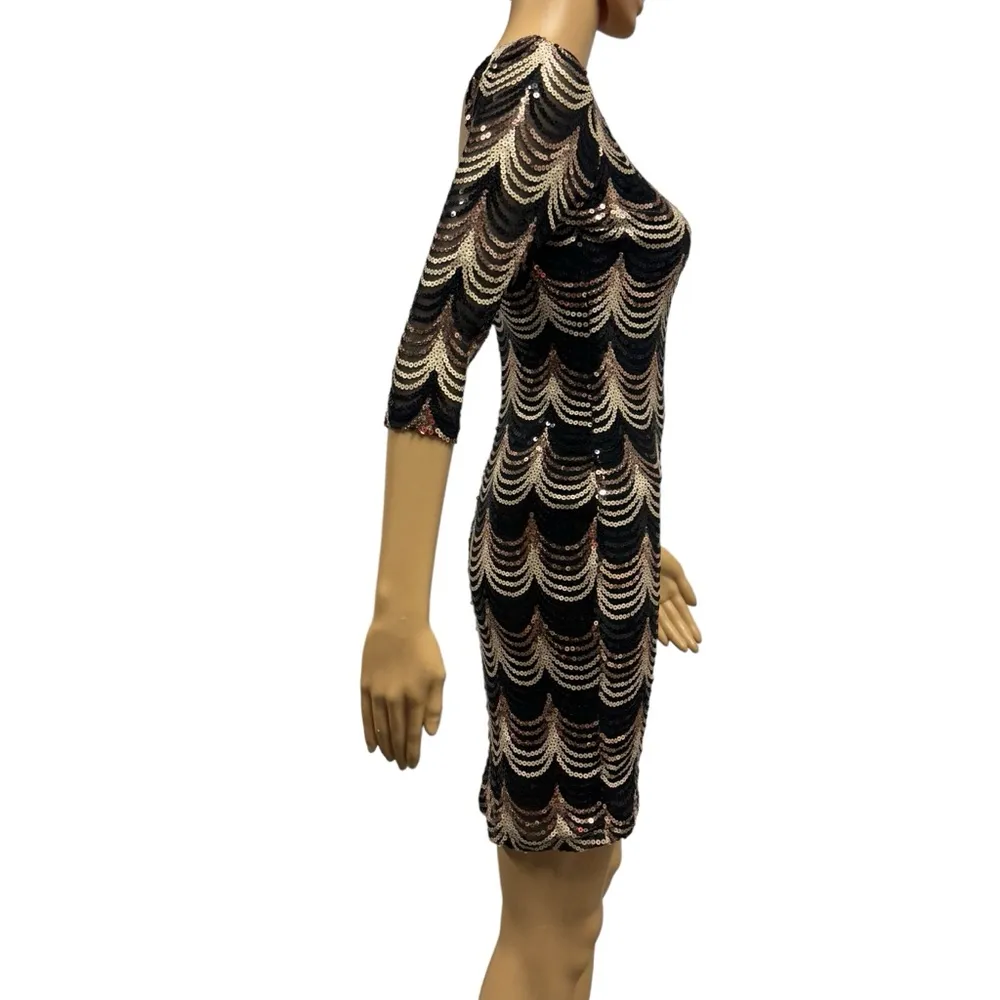 Crystal Doll Black Gold Sequined Plunge Back Bodycon 3 Quarter Sleeve Dress M - Image 5