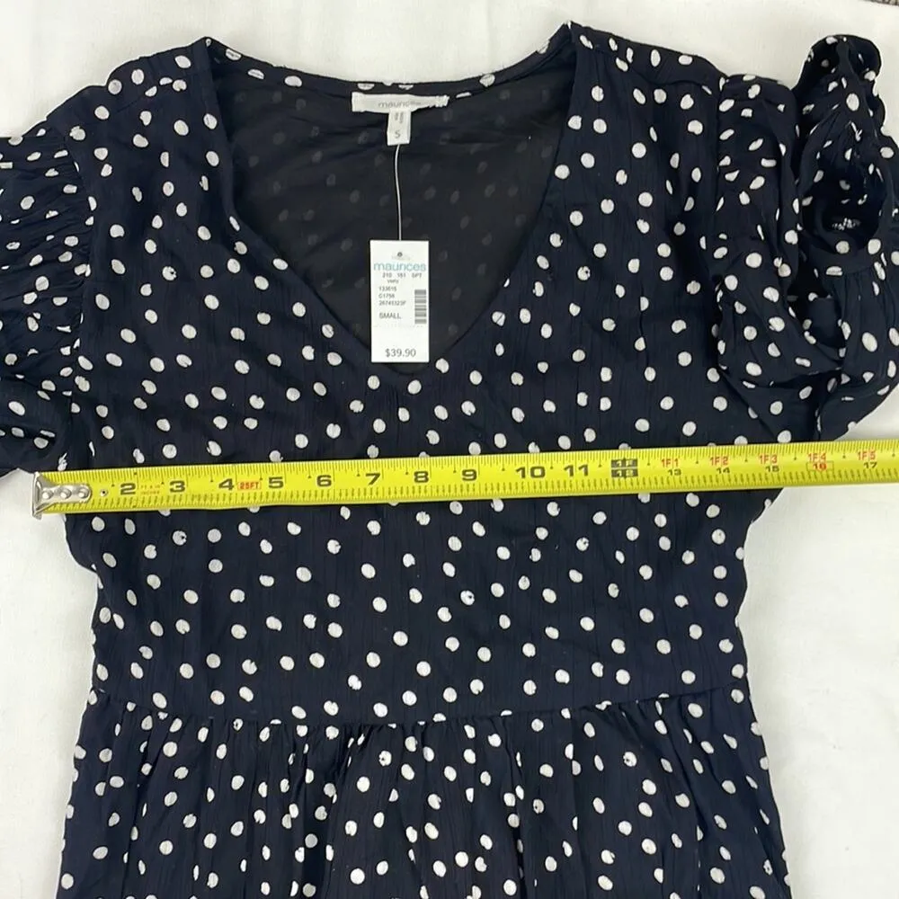 Maurices Black Polka Dot Babydoll Mini Dress. 3/4 Sleeves, Tie Back. Size S NEW - Image 4