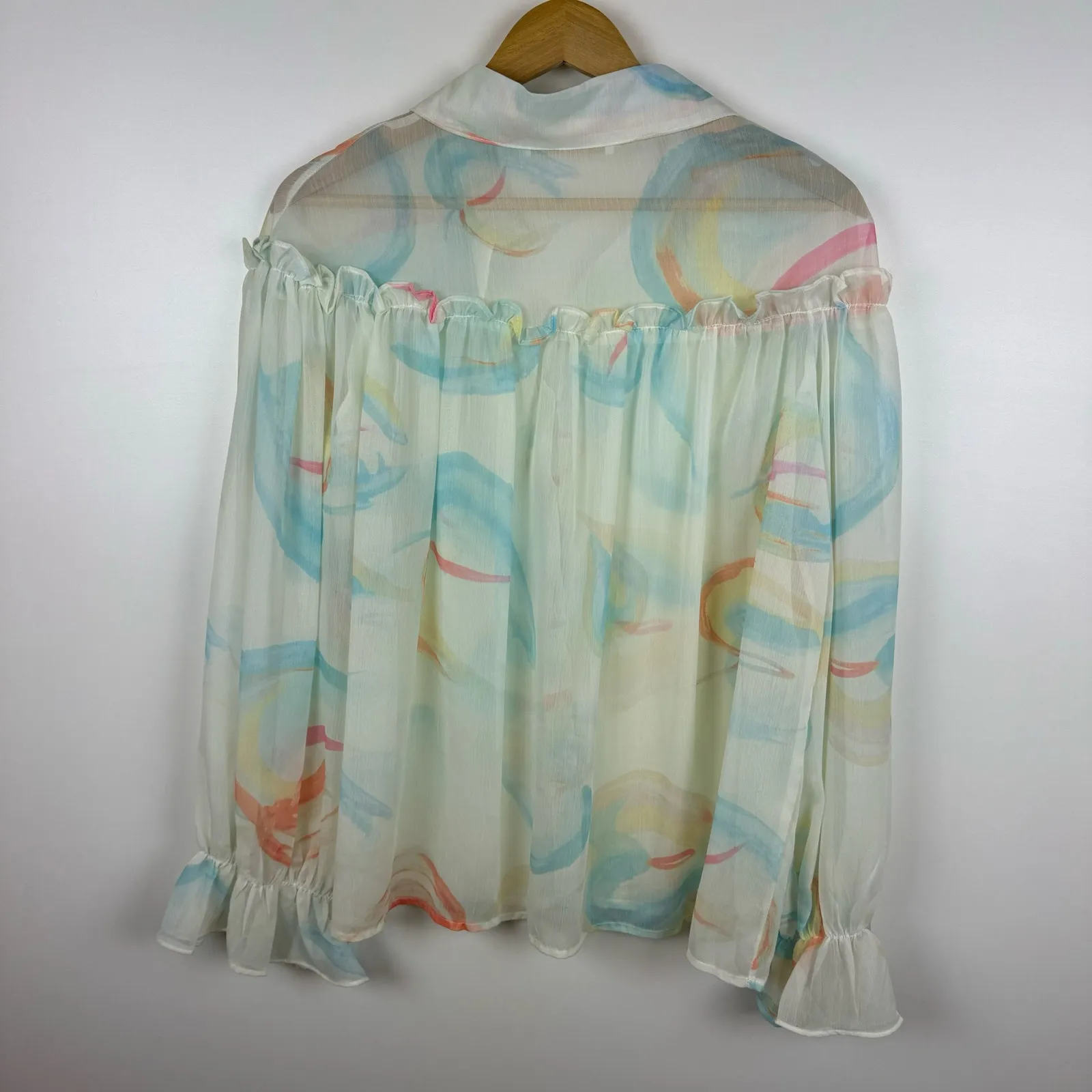Karlie‎ Womens Multicolor Watercolor Sheer Long Sleeve Blouse with Ruffle Sz O/S - Image 7