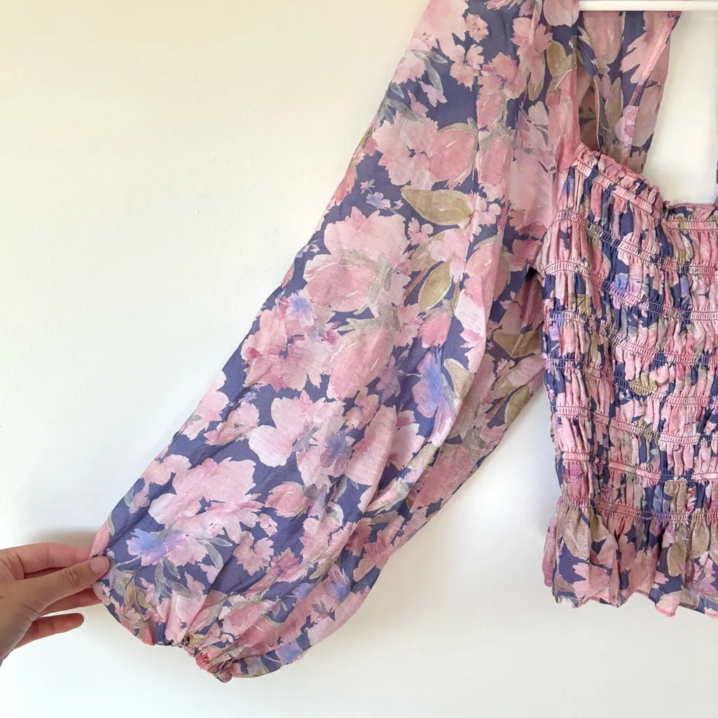 ASTR The Label Nicolette Square Neck Smocked Long Puff Sleeve Floral Pink Purple - Image 10