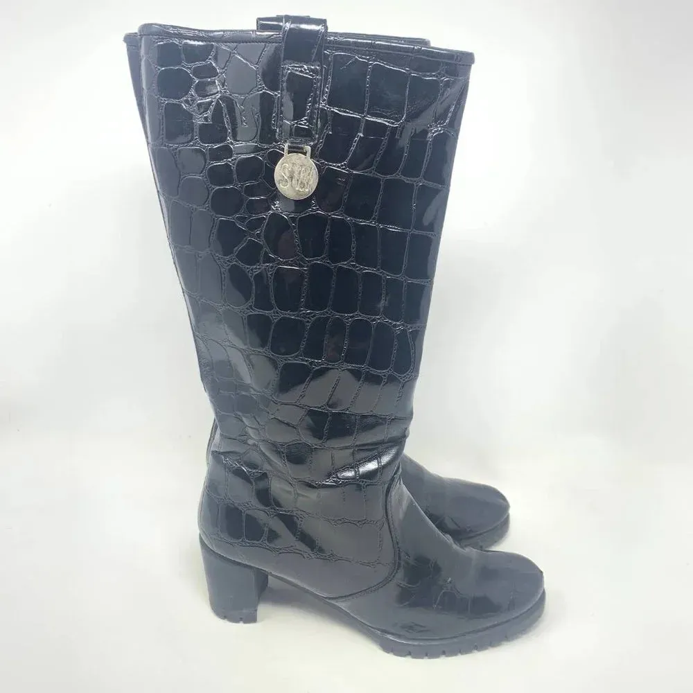 Stuart Weitzman Black Croc Leather Heeled Boots‎ Size US 6 - Image 4