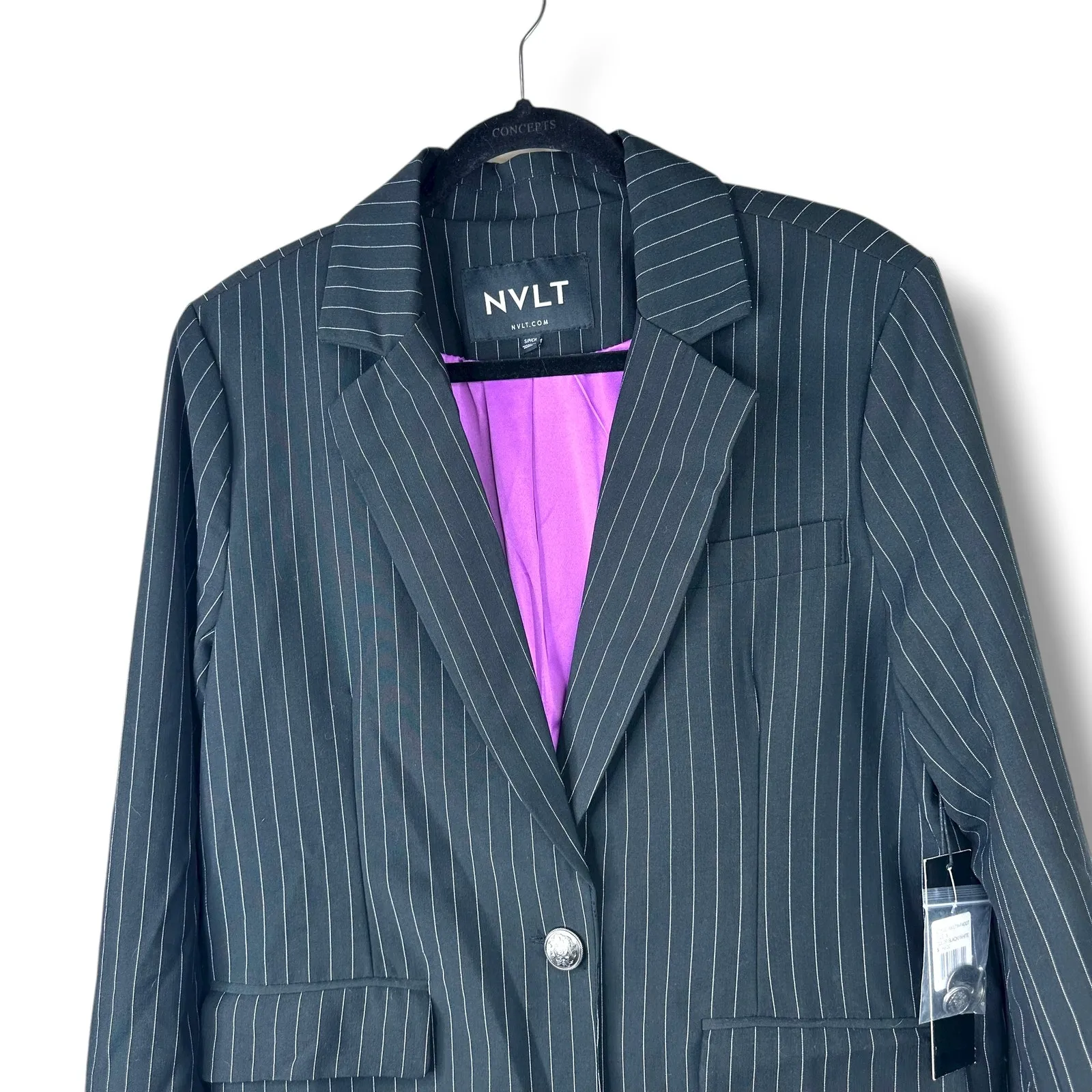 NVLT Black White Stripe NWT Notch Lapel Collar Button Boyfriend Blazer Small - Image 8