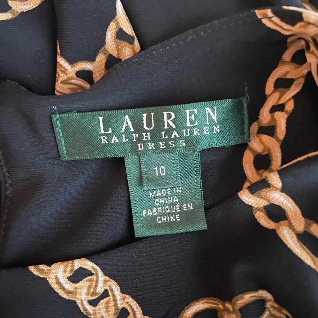 Lauren Ralph Lauren Women 10 Black Chain Print Dress Fit N Flare Sleeveless - Image 8