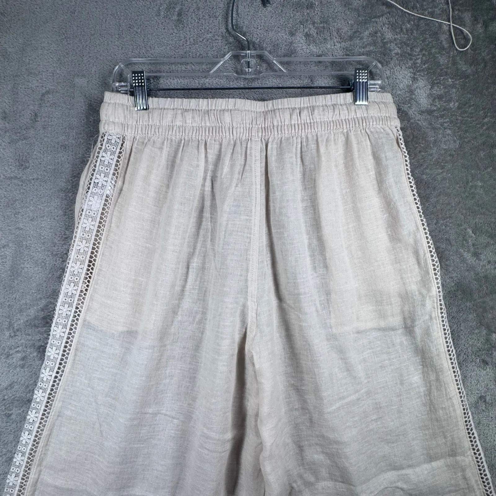 Calypso St Barth L Linen Rayon Wide Leg Lace Trim Pull On Drawstring Beach Pants Size L - Image 5