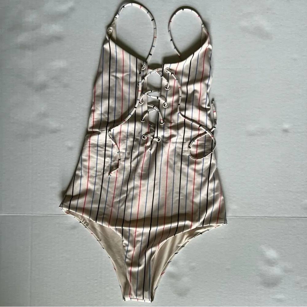 Tavik by madewell Monahan Lace-Up One-Piece Swimsuit in Horizon Stripe xs - Image 4