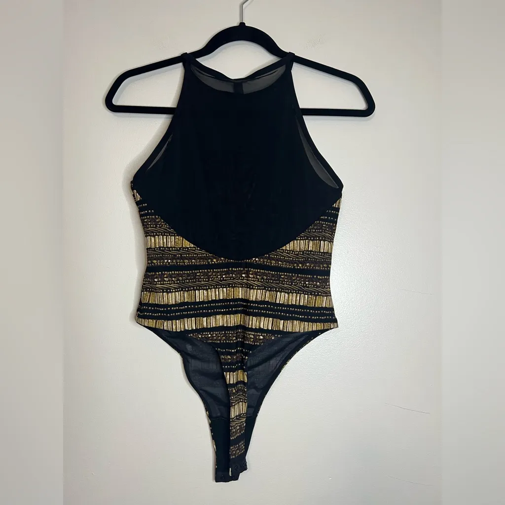 Victoria Sport High Neck Black Gold Foil‎ Bodysuit sheer back Size S - Image 5