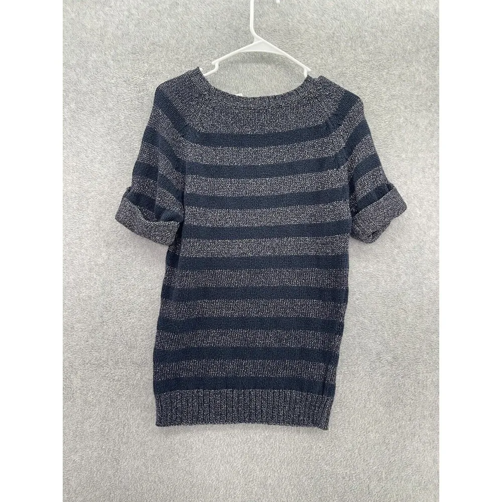 Ann Taylor Women's Sweater Shirt Striped Blue Gray Size Small Short Sleeve Linen - Image 2