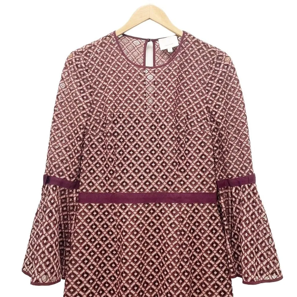 Cinq a Sept Cosette Dress Bell Sleeve Mulberry Pink Lace Overlay Babydoll Size 8 Red - Image 7