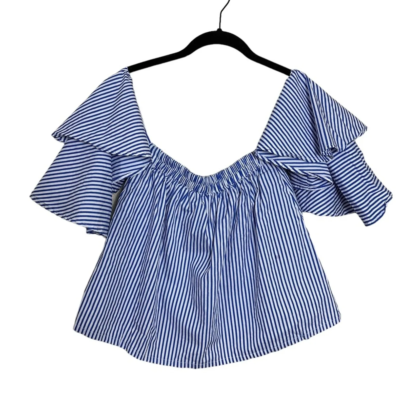Faithfull the Brand Blouse Blue Cotton Off Shoulder Ruffle Stripe New - Image 8