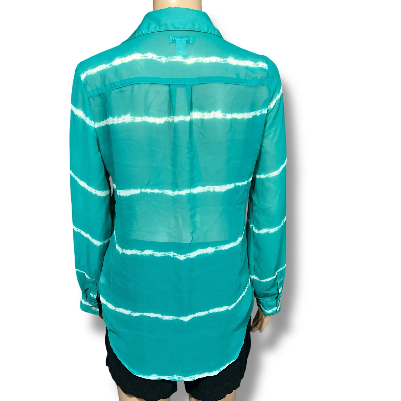 Old Navy Womens Sheer Button Down Blouse Shirt Top Striped Teal White Small - Image 3