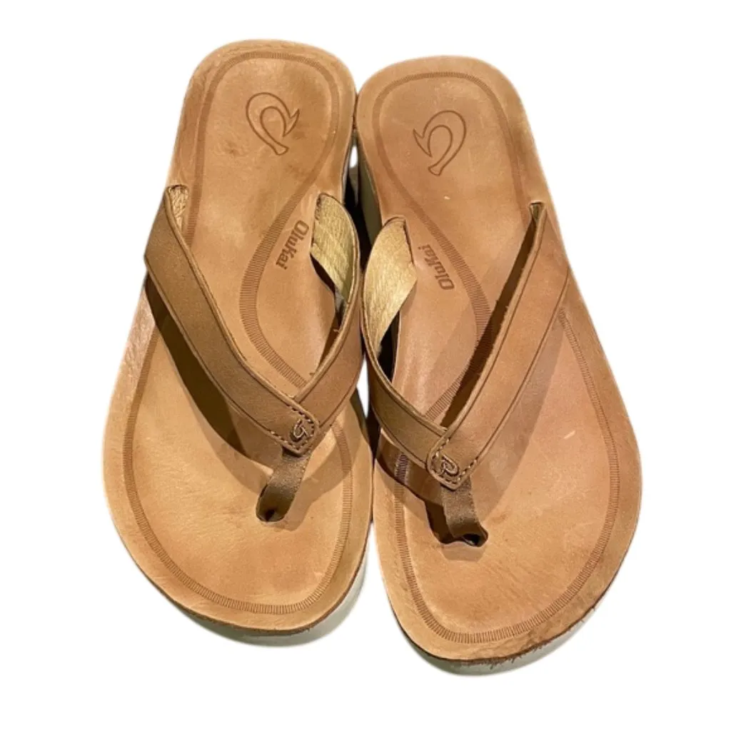 OluKai Mala'e Brown Leather Wedge Thong Sandals Shoes Womens Size 9 20465 - Image 3