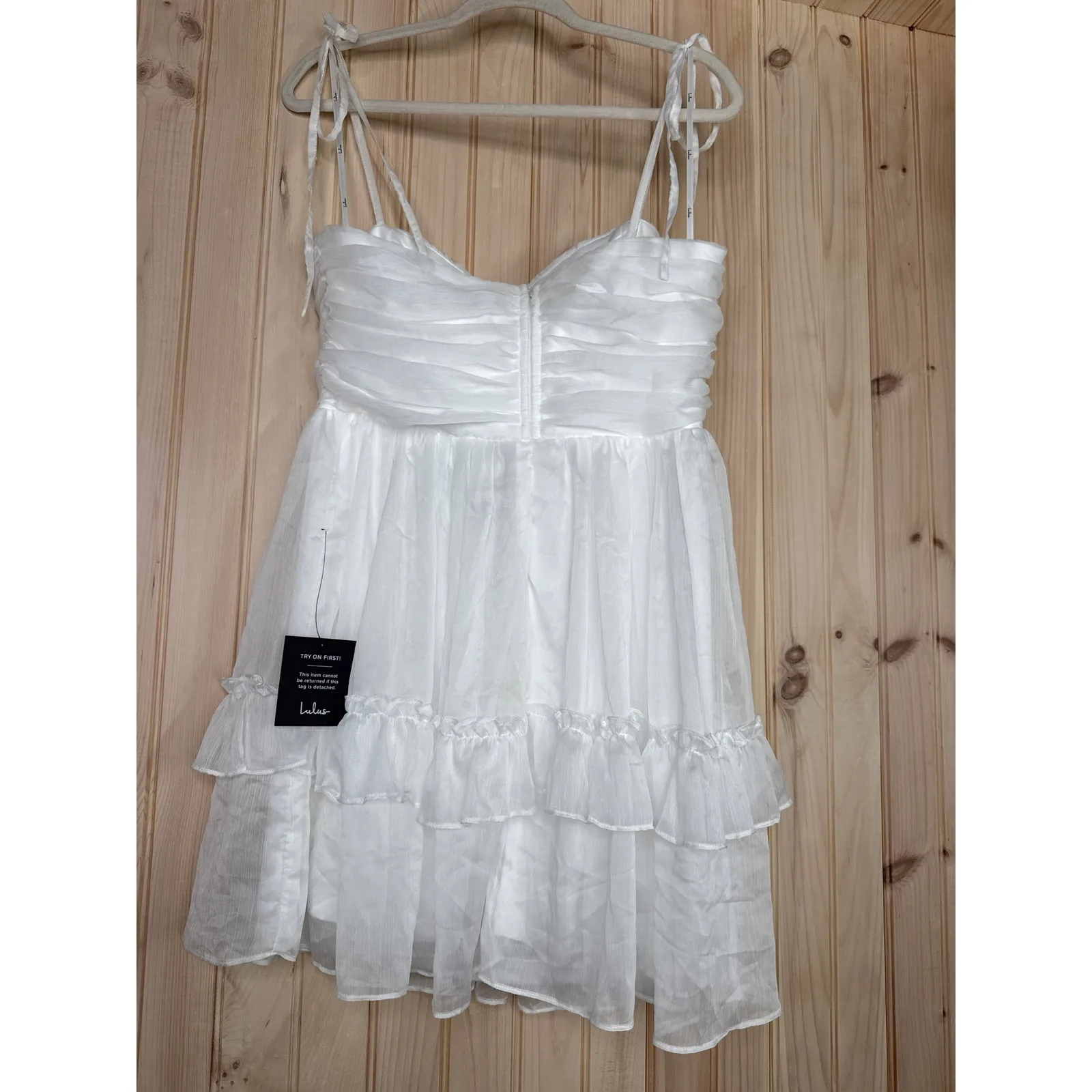 NWT Lulus Angelic Approach White Chiffon Ruffled Tie-Strap Mini Dress Party Sz L - Image 5