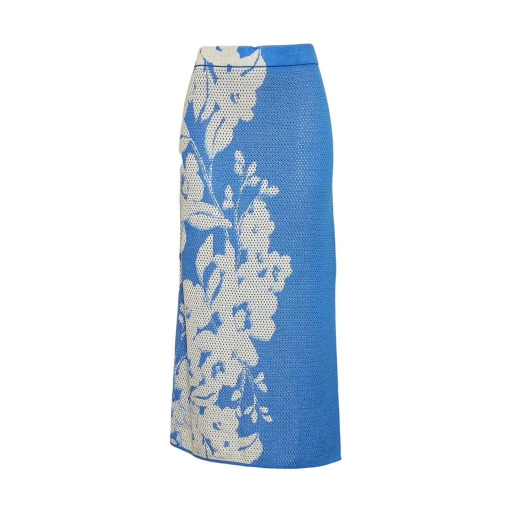 MISA LOS ANGELES Dara Knit Midi Skirt, Blue Hibiscus Floral, Large - Image 6