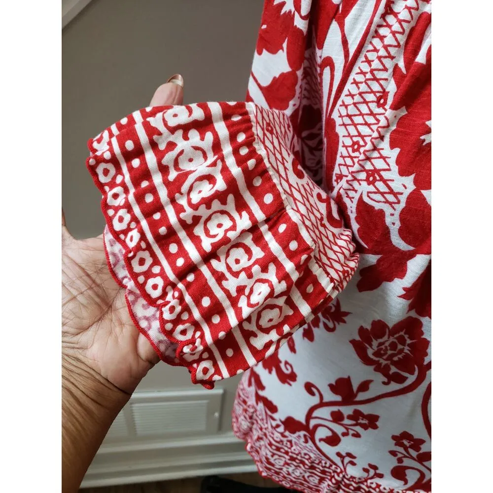 INC Blouse Women 1X Red White Floral Print Rayon Long Sleeve Boho Peasant Top - Image 3