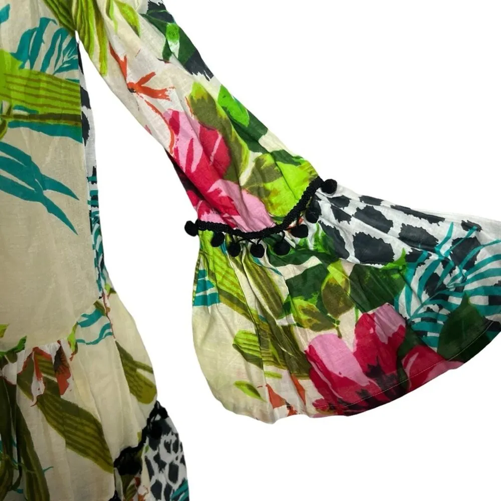 NWT Debbie Katz south beach tropical floral dress odd shoulder Pom Pom Sz XS - Image 2