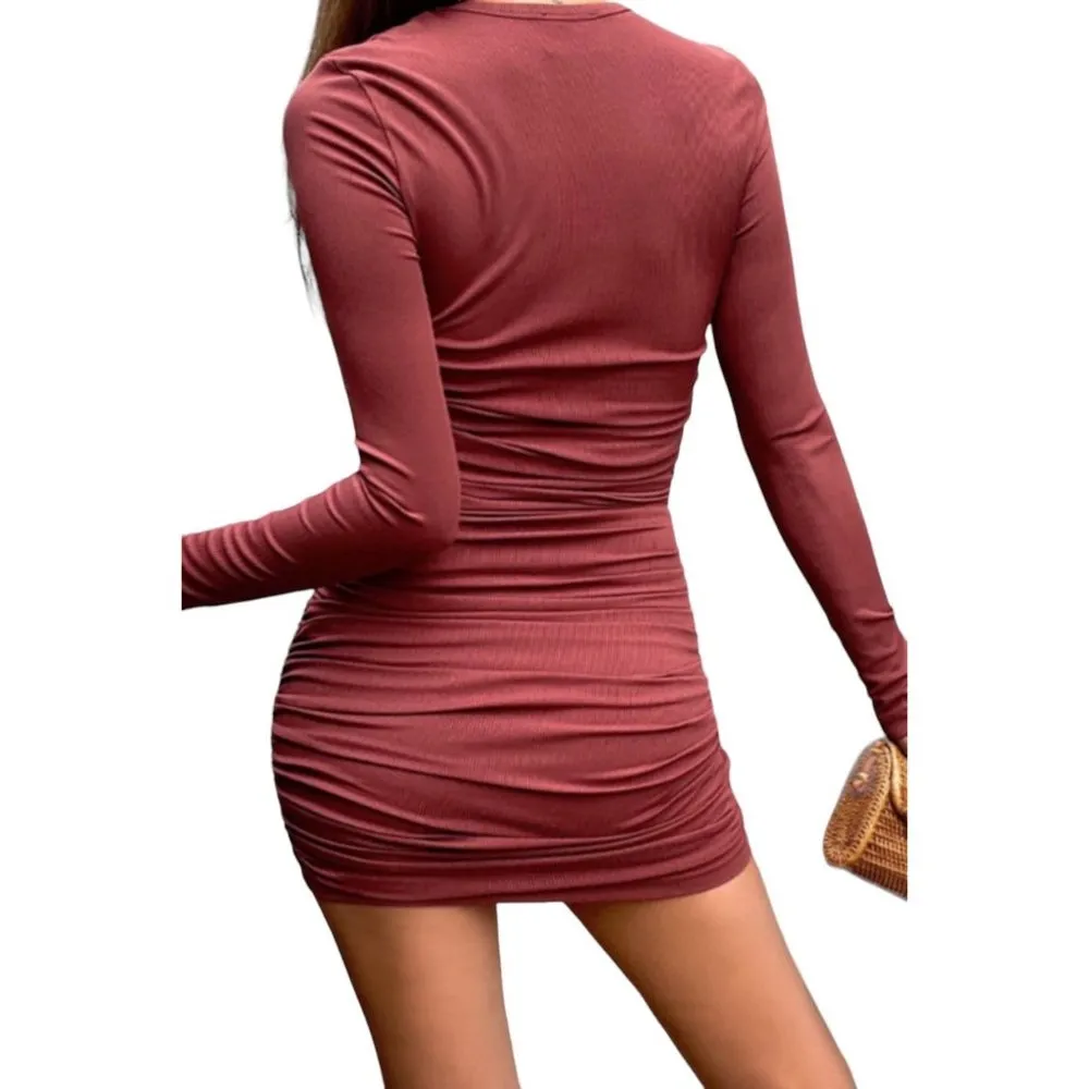She Is Us Ruched Long Sleeve Bodycon Mini Dress Cinnamon Pink Size XXL NWT - Image 2