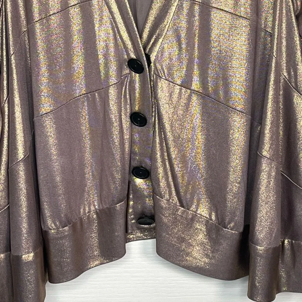 3.1 Phillip Lim Sz M Metallic Silk Snap Up Suit Jacket Bronze Rose Gold - Image 3