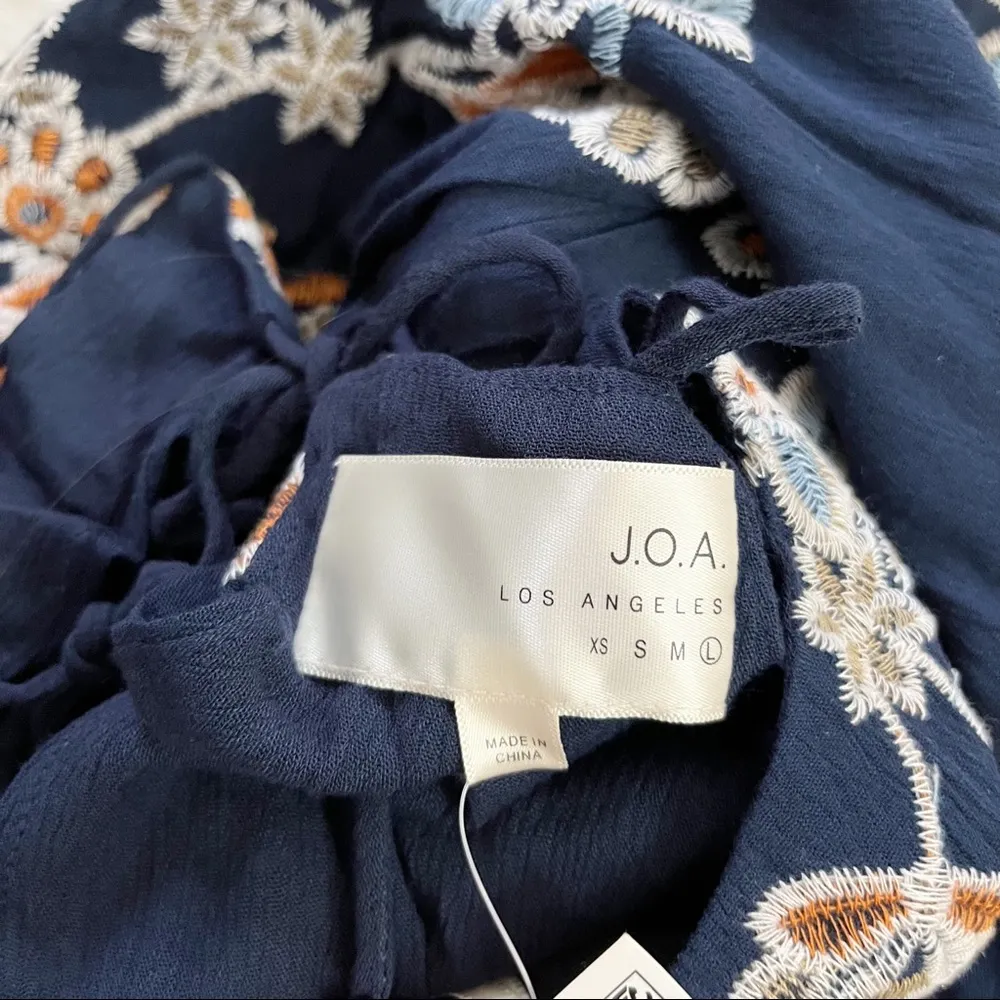 J.O.A. Navy Blue Boho Embroidered Lace-Up Romper - Image 5