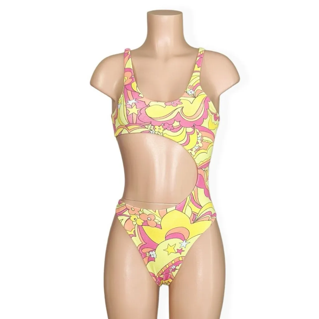NEW FRANKIES BIKINIS Makie Terry One Piece Swim, Peace Terry, XS - Image 7
