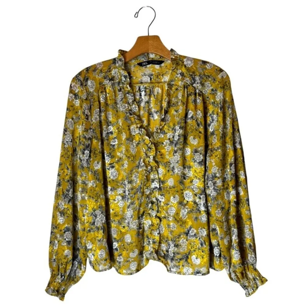 Zara Shirt Women Small‎ Yellow Floral Print Jacquard Ruffle Front Blouse Boho - Image 2