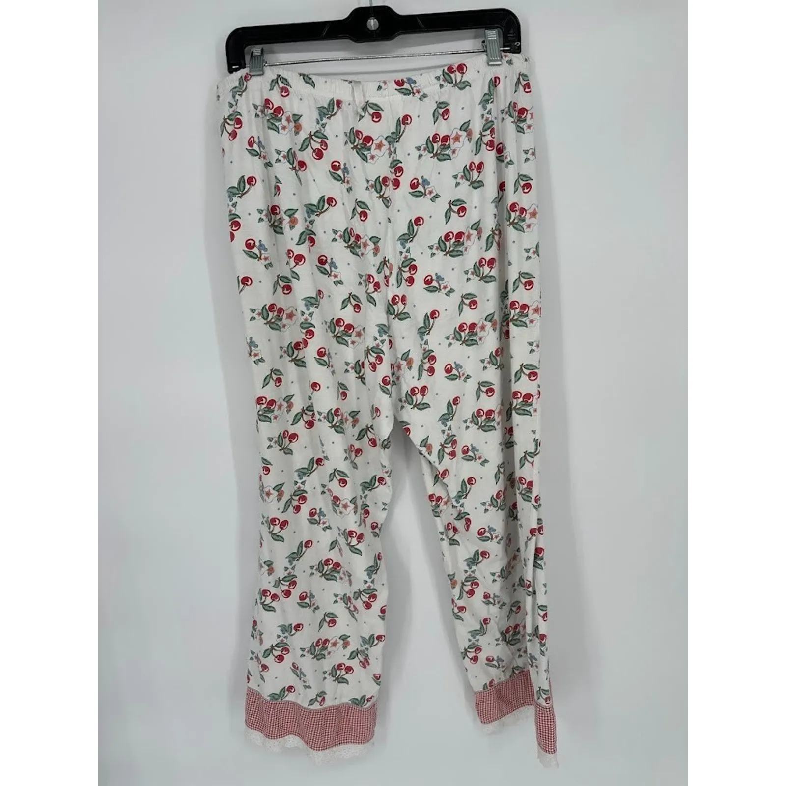 Vtg Mary Engelbreit Red Cherry Pajama Set Eyelet Lace Gingham Plaid Large 2 Pc White - Image 5