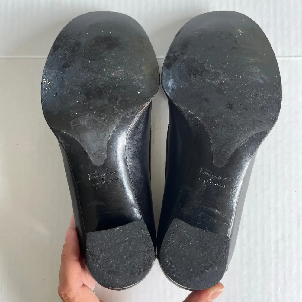 FERRAGAMO‎ Sz 6.5 Black Leather Buckle Heeled Slip On Loafer Round Toe Shoes - Image 7