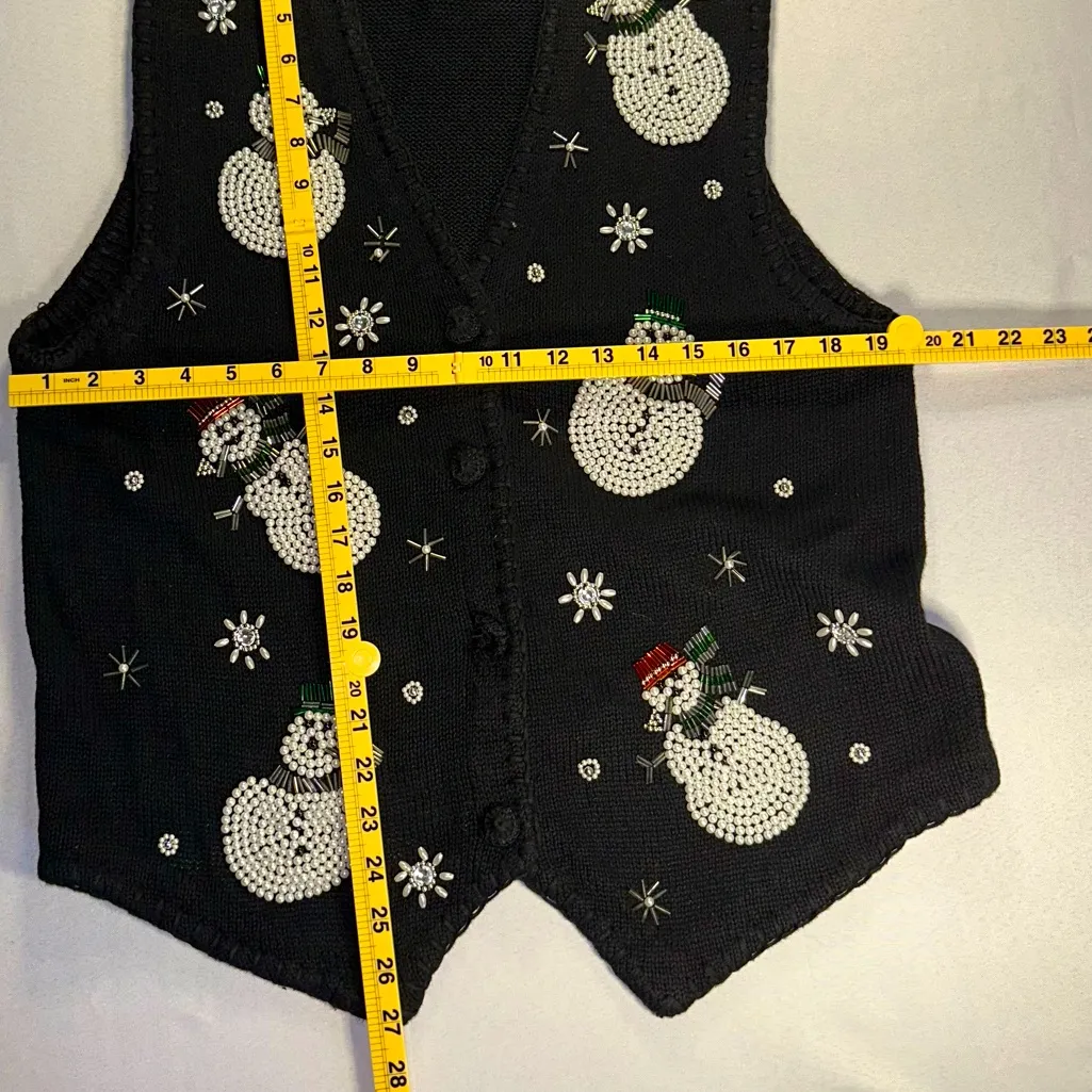 VICTORIA JONES • Vtg Christmas Vest Sweater Beaded Snowman Ugly Sweater Black Lg - Image 9