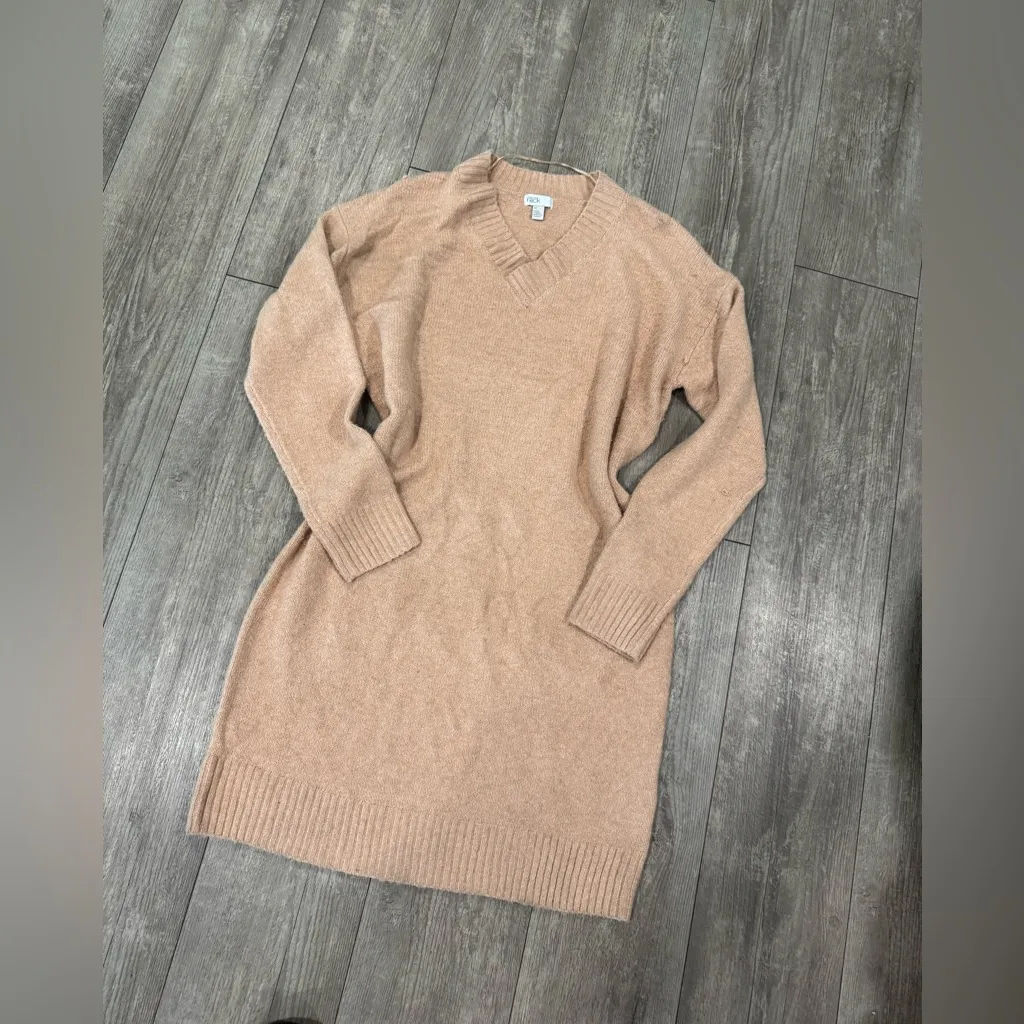 Elegant Tan V-Neck Sweater Dress - Image 5