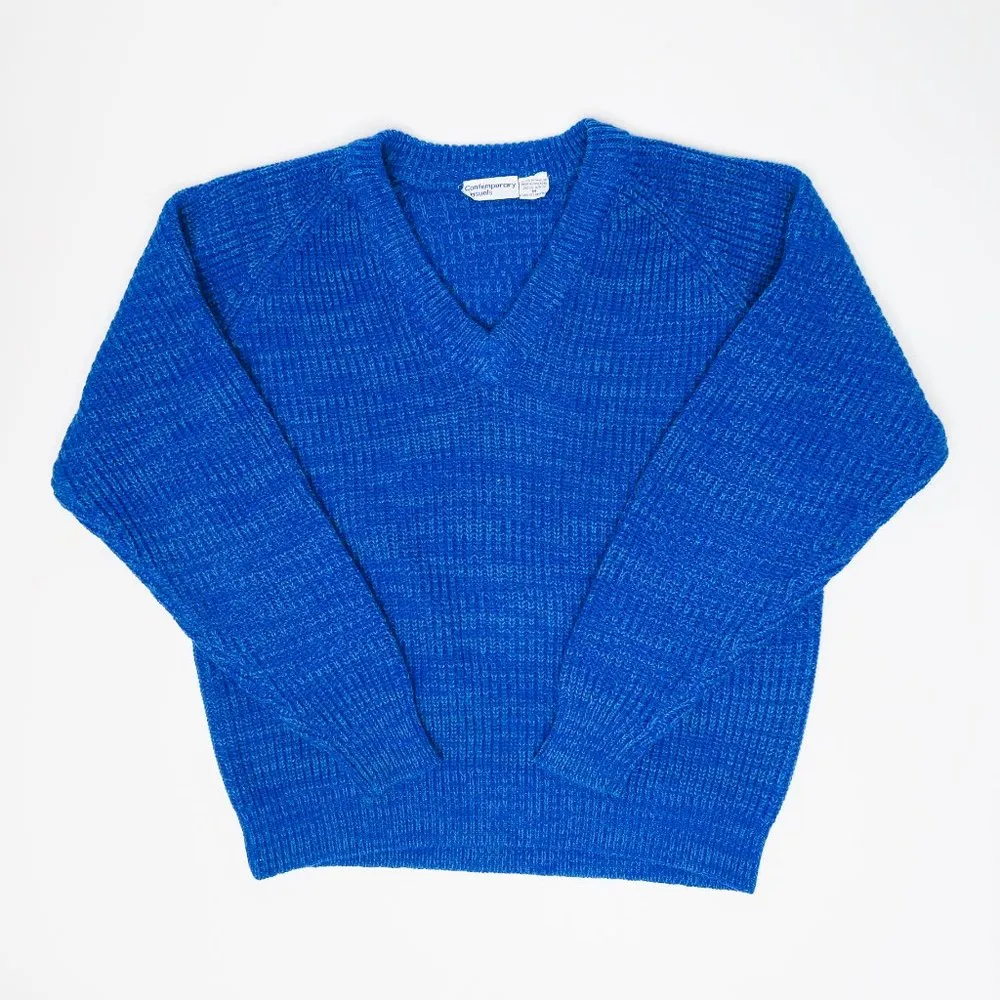 Vintage 90s Contemporary Casuals Blue Knit V Neck Sweater - Image 2