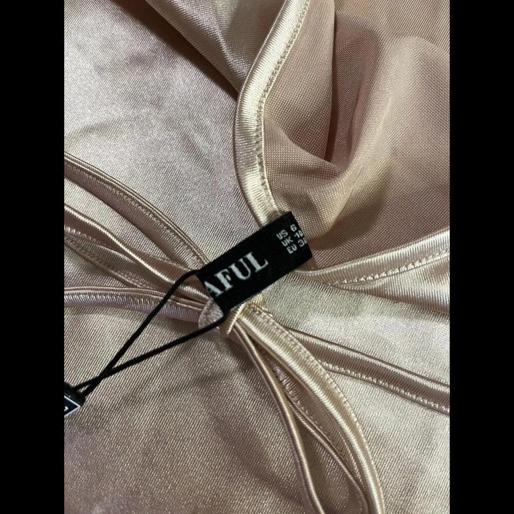 NWT Y2K Silky Shiny Gold Preppy Slip Dress Zaful Brand New Size Med - Image 7