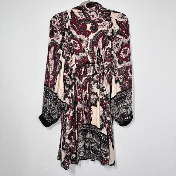 Free People Y2K Paisley Mini Dress Maroon Longsleeve Boho Women's Size Small‎ - Image 3