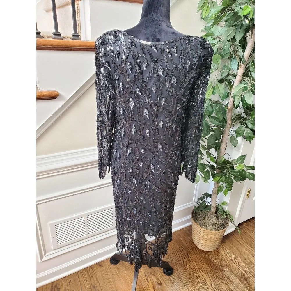 Vintage Black 100% Pure Silk Formal Sequin Long Sleeve Knee Length Dress Medium - Image 7
