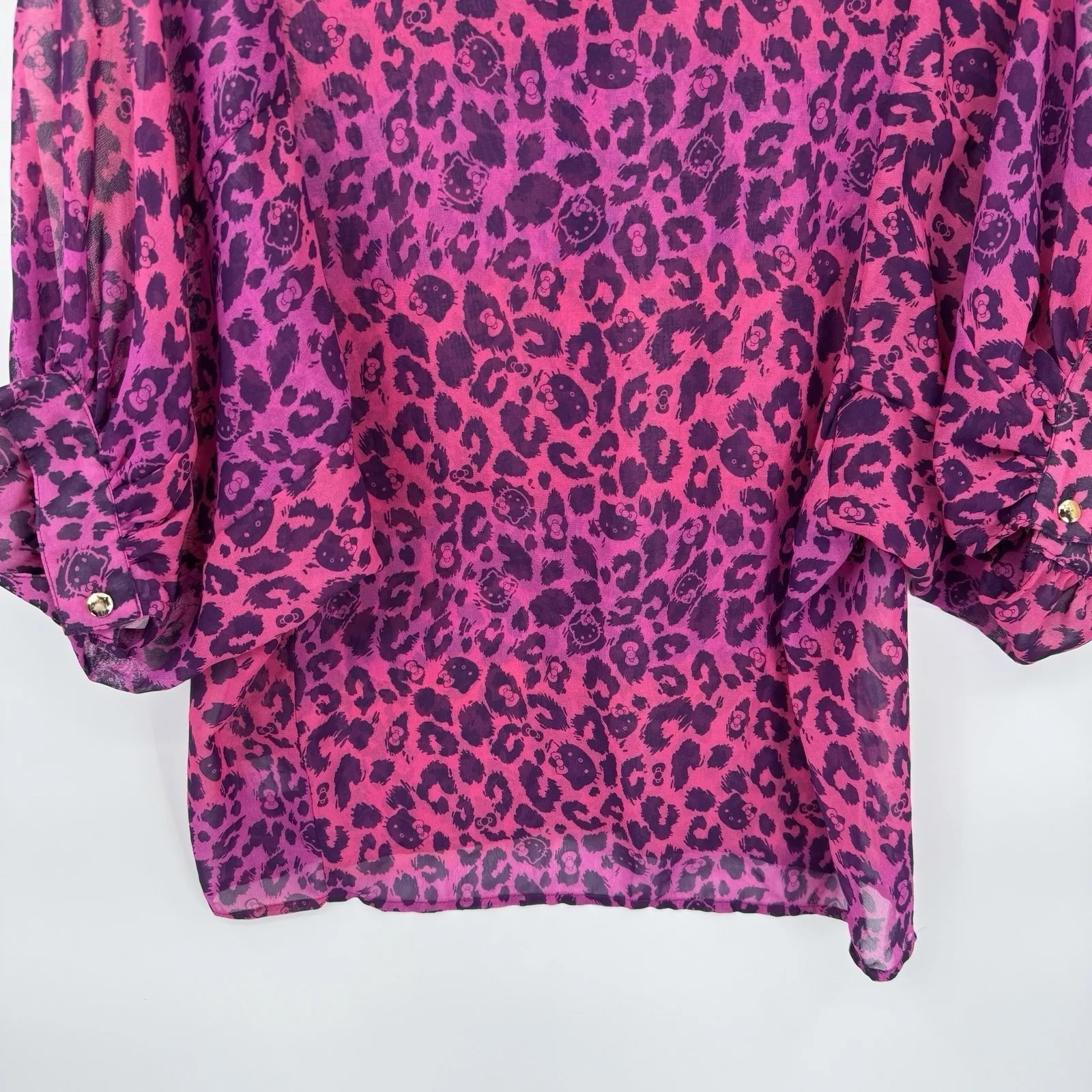 Hello Kitty Button Front Top Womens Small Pink Animal Print Sheer Polyester - Image 10