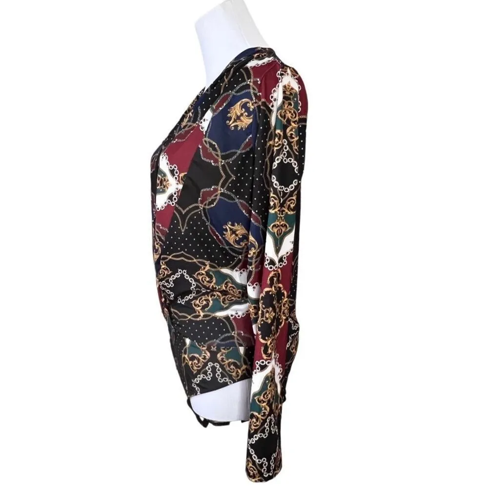 Zara Nautical Wrap Bodysuit Top Blue Burgundy Gold‎ Chain Print MEDIUM Colorful - Image 4