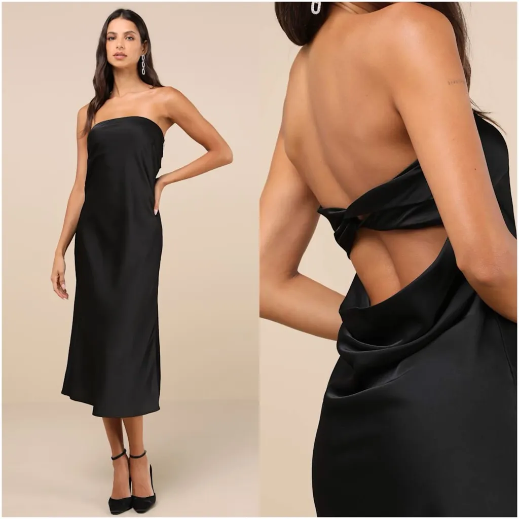 LULU’S Effortless Bliss Black Satin Strapless Cowl Back Midi Dress - Image 2