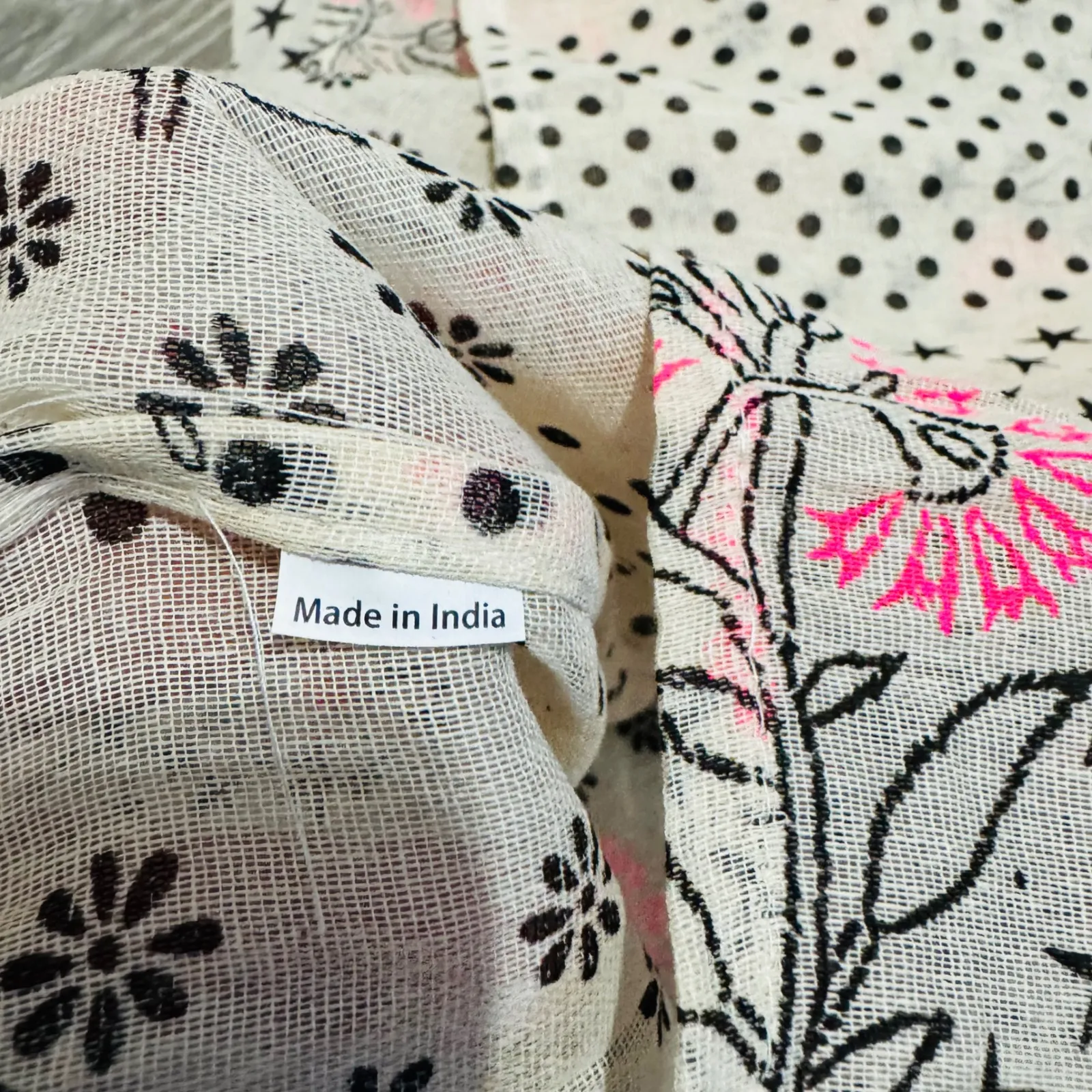 Free People Boho Floral Stars Polka Dot Sling Bag Cream Pink Black 19x23 in - Image 10