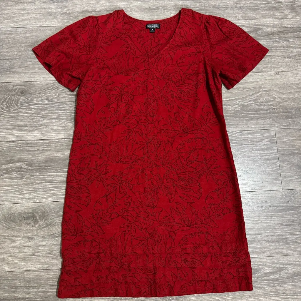 Nicole Miller Women Linen Red Floral Tunic V-Neck Relaxed Dress Size M - Image 9