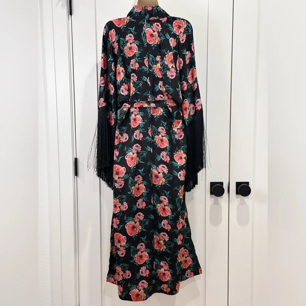 NWT Misa Los Angeles Robe Size XS Black Satin Floral Caftan Duster Fringe Boho - Image 2