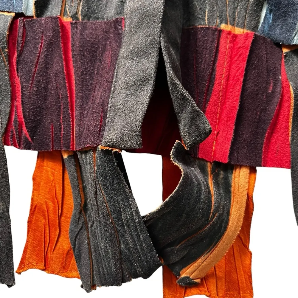 Vintage Fantazia Faux Suede Weaved Shredded Button Down Shirt Brown/Multi, Sz S - Image 12