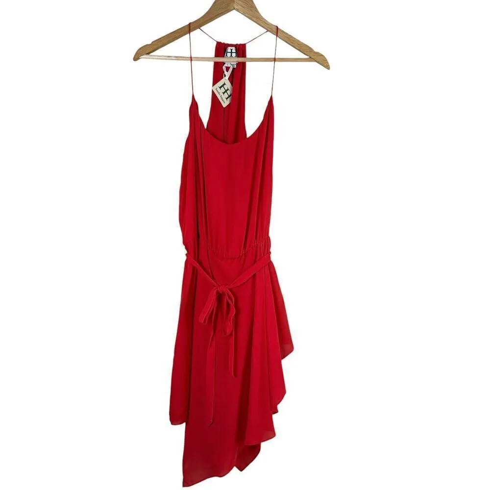 NWT Haute Hippie Red Silk Racer Back Belted Mini Dress Handkerchief‎ Hem, Large - Image 3