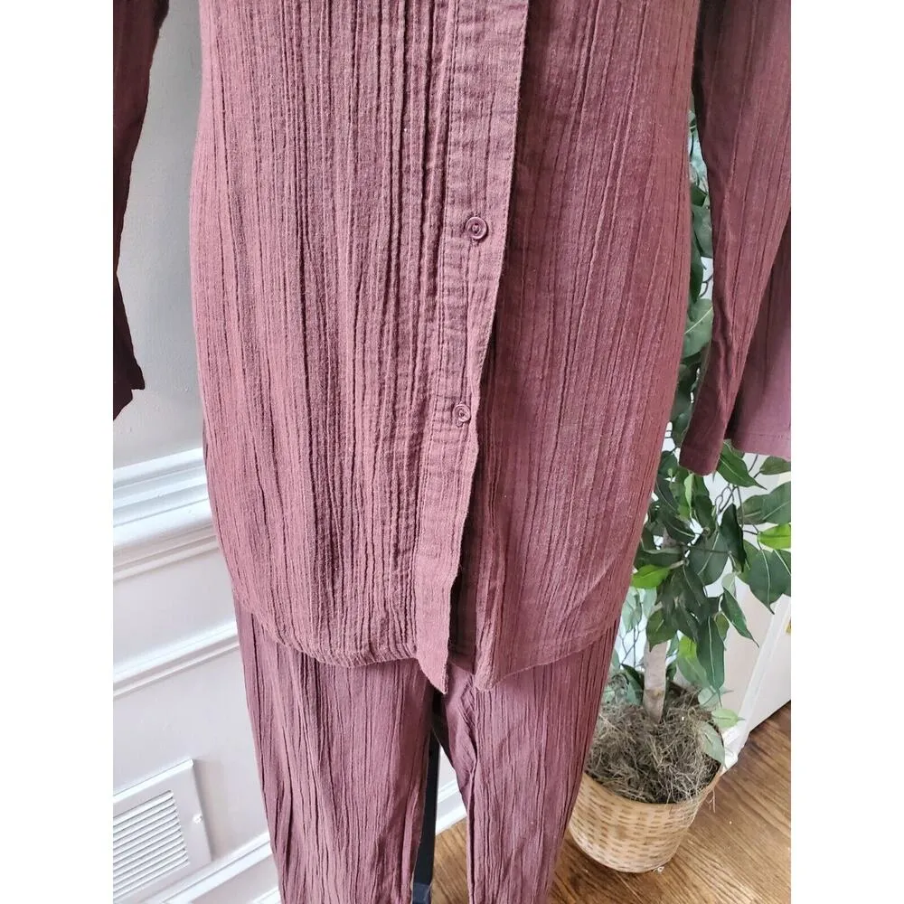 Chadwicks Women's Brown Cotton Long Sleeve Collared Shirt & Pant 2 Piece Suit L - Image 5