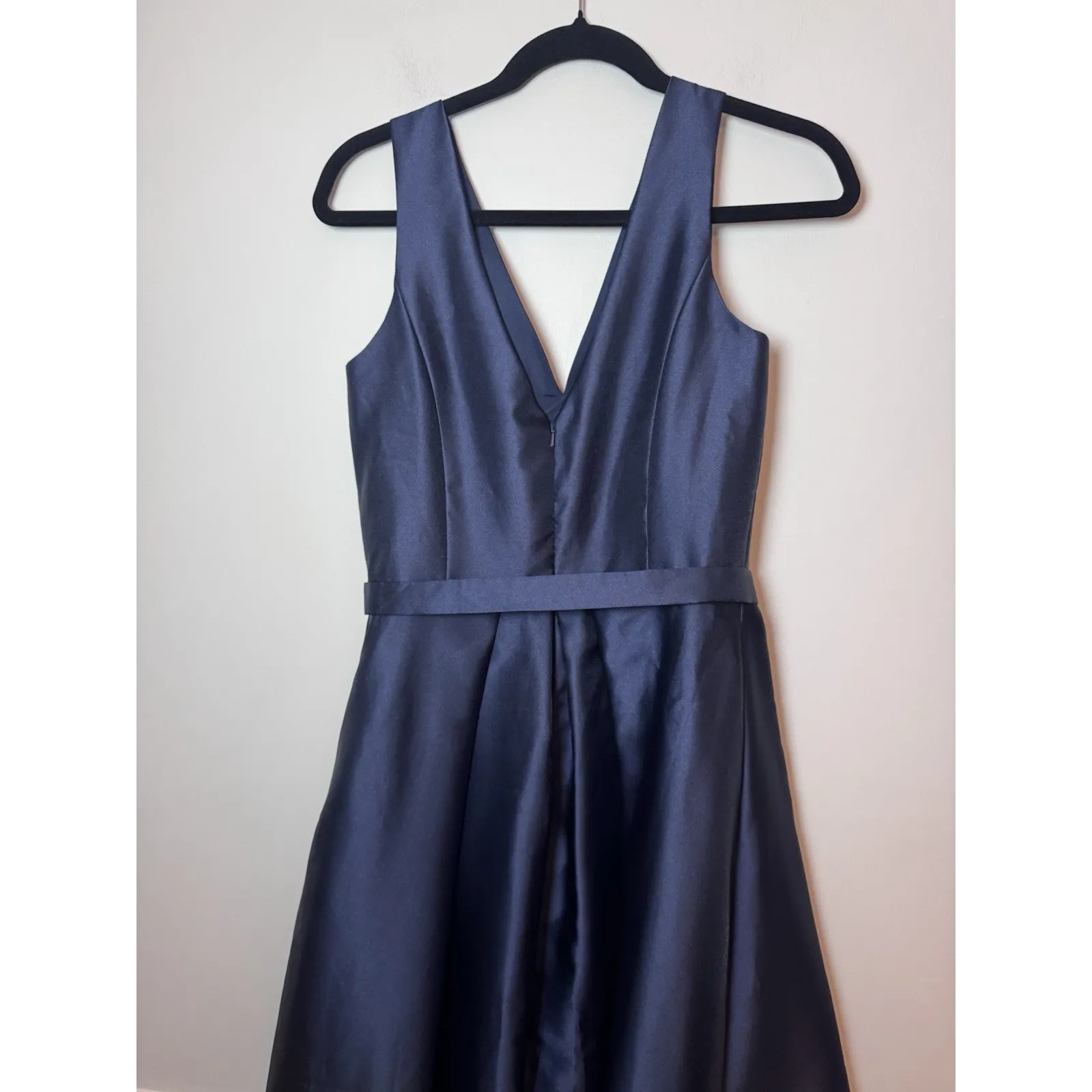 Alfred Sung 8 Midnight Blue V Neck High Low Sleeveless Belted Satin Gown D723S - Image 14