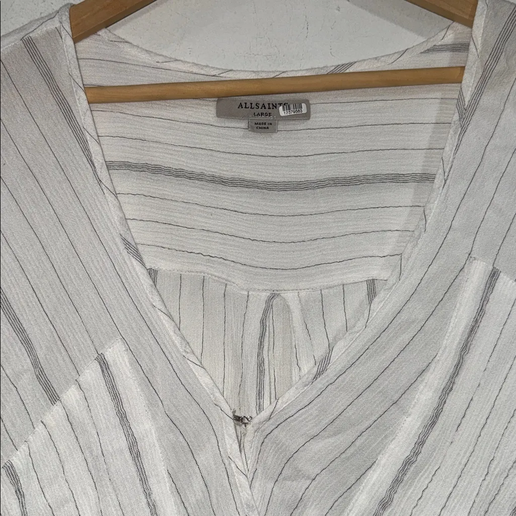 All Saints blouse white & Gray Striped shirt hi low faux wrap viscose - Image 2