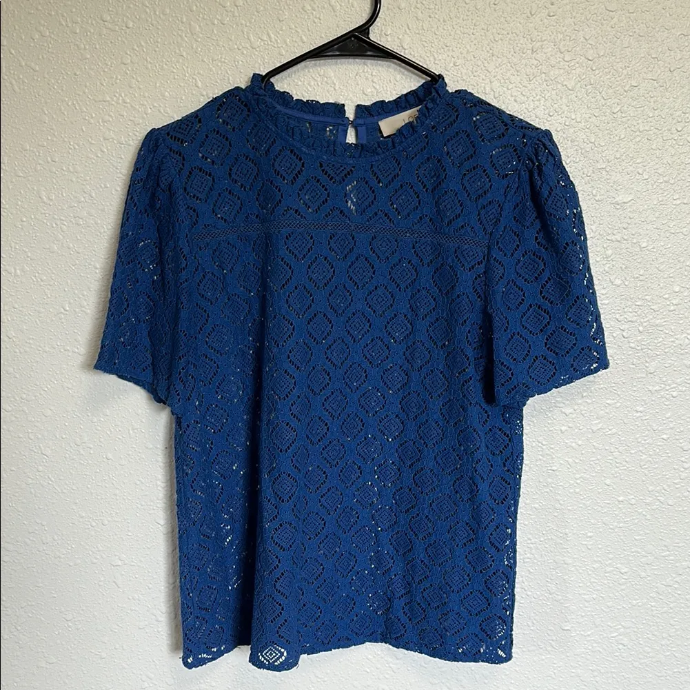 LOFT Blue Lace Boxy Short Sleeve Blouse Size Medium - Image 4