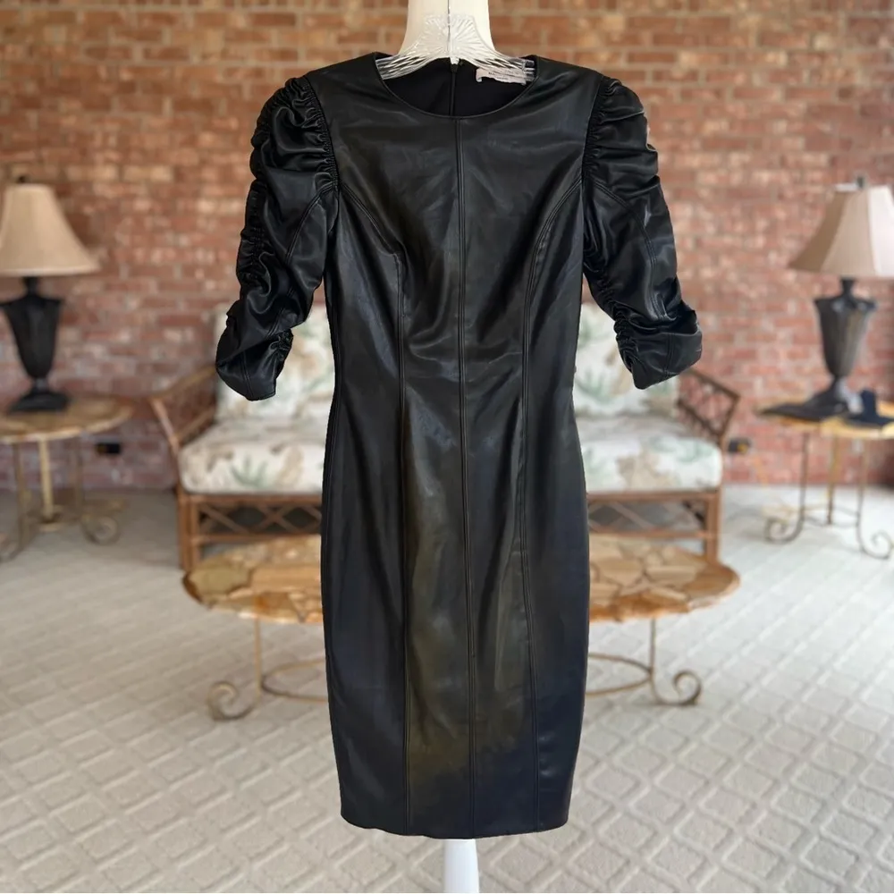 Bailey 44 Black Faux Leather Ruched Sleeve Dress 0 - Image 2