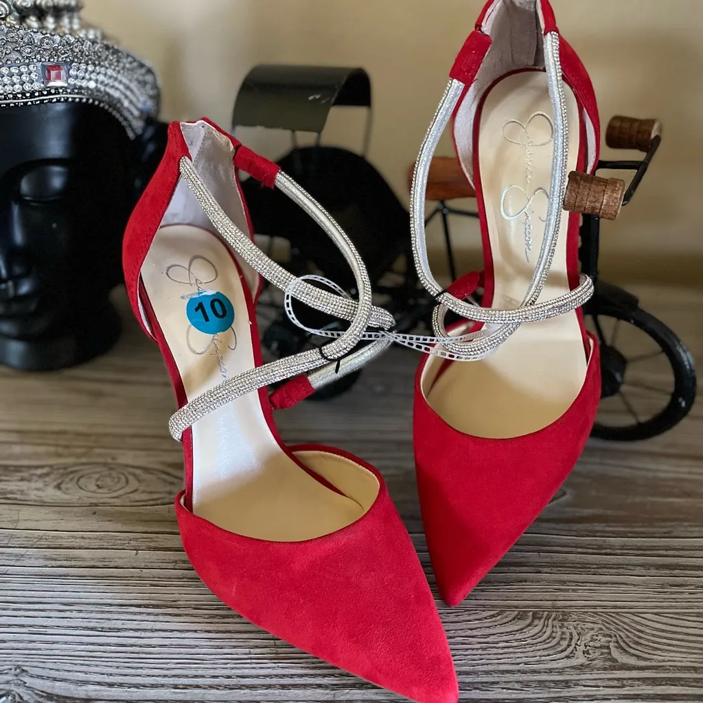 NEW JESSICA SIMPSON Rhinestone Glitter Pointed Toe Pump Festive Holiday Red 10 - Image 10