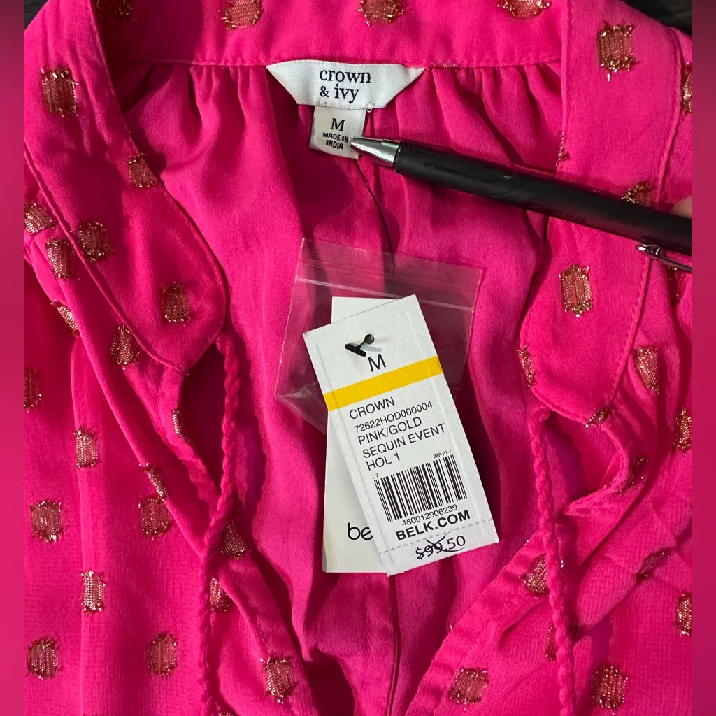 NWT Crown & Ivy pink with gold‎ confetti babydoll dress with tassels size Medium - Image 7