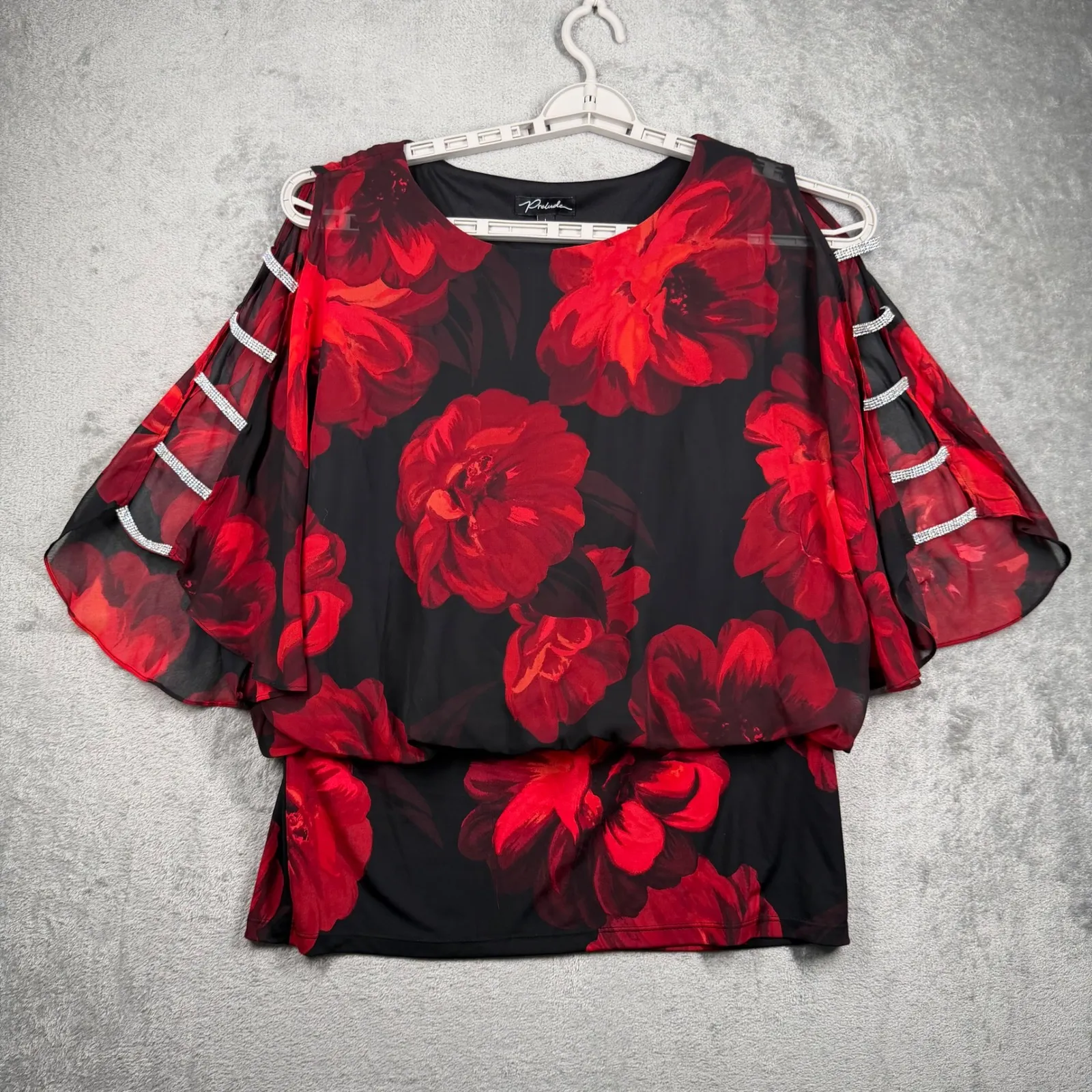 Prelude Red Floral Rhinestone Cold Shoulder Blouse Banded Waist Party Top Medium Size L - Image 2